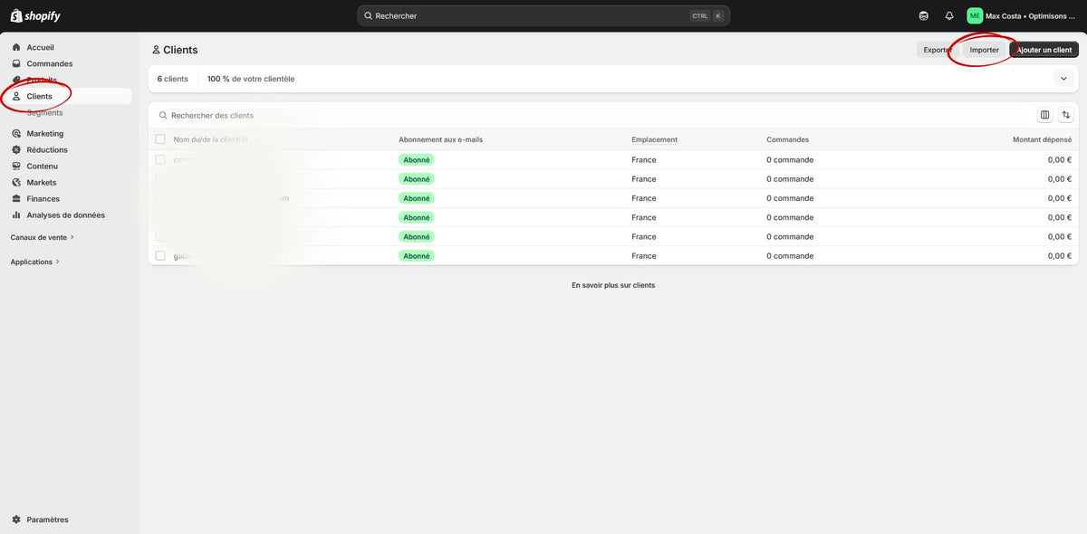 Import des clients dans Shopify