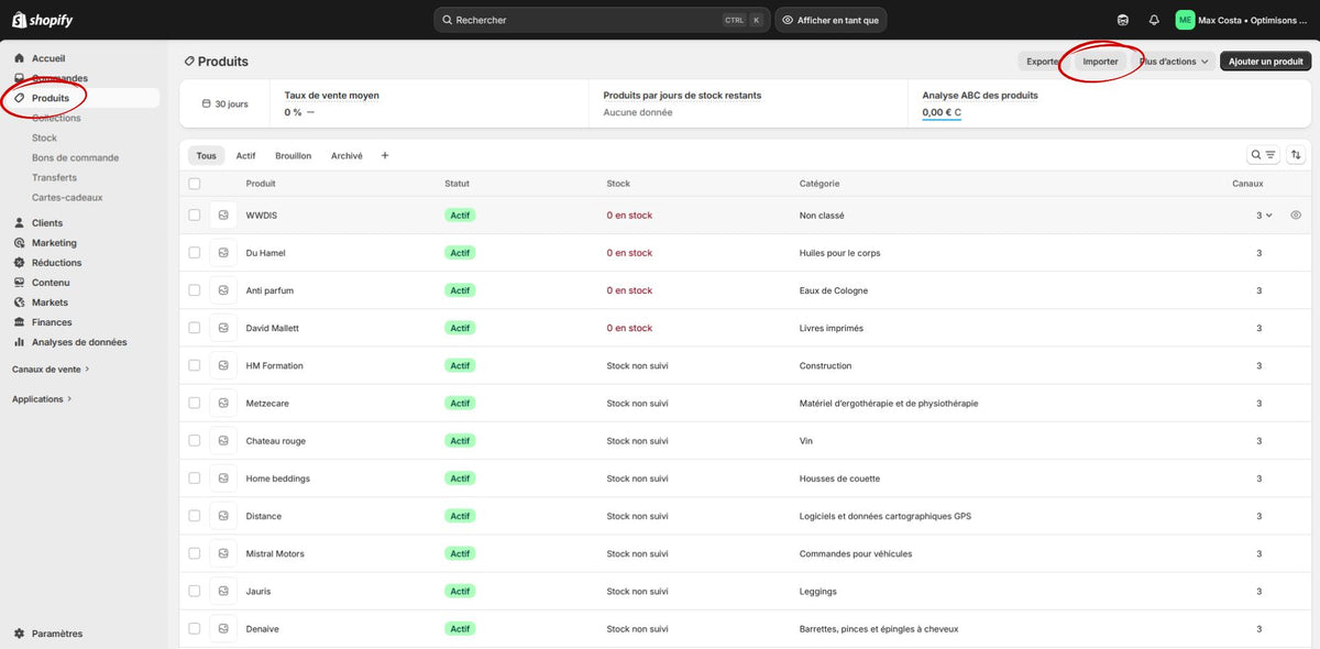 Import des produits dans Shopify