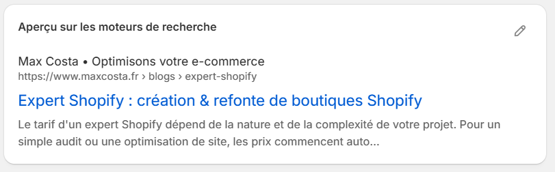 Modification des métadonnées (Meta Title et Meta Description) en bas des pages du back-office Shopify