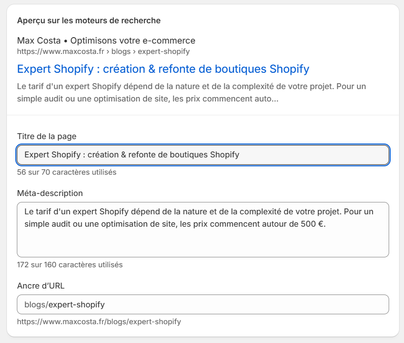 Aperçu des champs de métadonnées dans l'interface Shopify